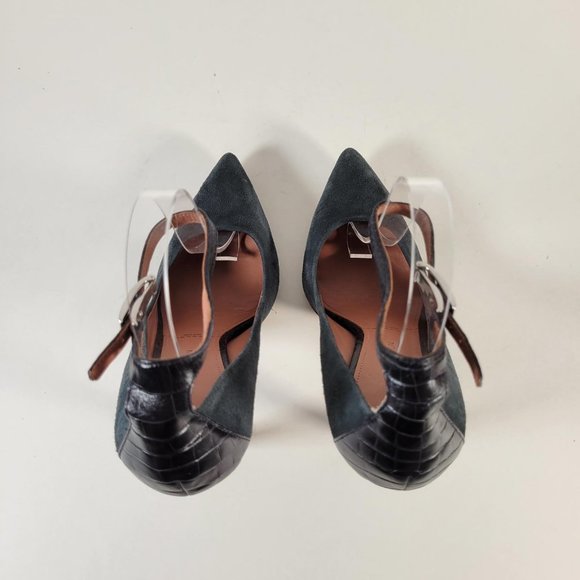 SIGERSON MORRISON Green Suede Black Croco Ankle Strap Heels Women Sz 8.5 - Picture 6 of 11